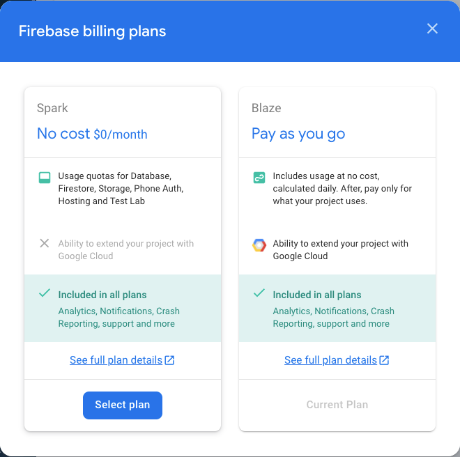 Firebase project billing options dialog