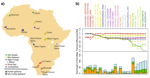 a) Distribution of African individuals analysed and b) Signals of interbreeding at population and individual levels.