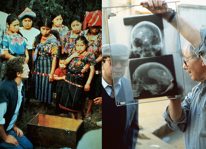 Left: A man at a gravesite with possible families of the deceased. Right: a man shows another man an X-ray.