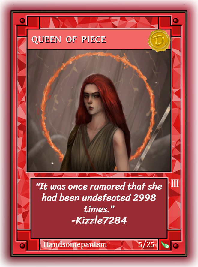 This 5/25 Queen of Piece in red rarity has art that shows the top half of Malenia. Her sword can be seen in the bottom right of the image.