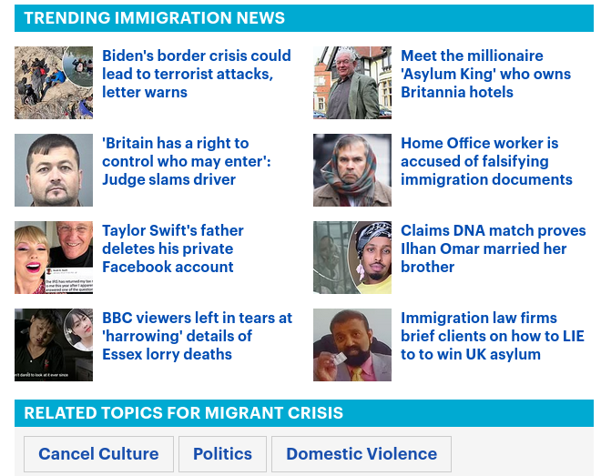 Website screenshot showing Mail Online articles for “Trending Immigration News.” Headlines include “Biden’s border crisis could lead to terrorist attacks, letter warns”, “Claims DNA match proves Ilhan Omar married her brother” and “Immigration law firms brief clients on how to LIE to to win UK asylum”. Listed for “Related topics for migrant crisis” are “Cancel Culture”, “Politics” and “Domestic Violence”