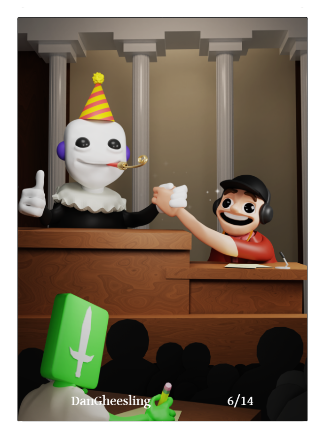 A much happier Dan is shaking hands with the judge, who is wearing a party hat, has a noise maker in their mouth, and is giving a thumbs up. A mod can be seen taking notes behind the audience.