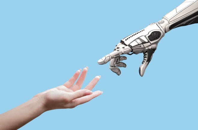 A human hand and a robot hand touching like Michelangelo’s Sistine Chapel