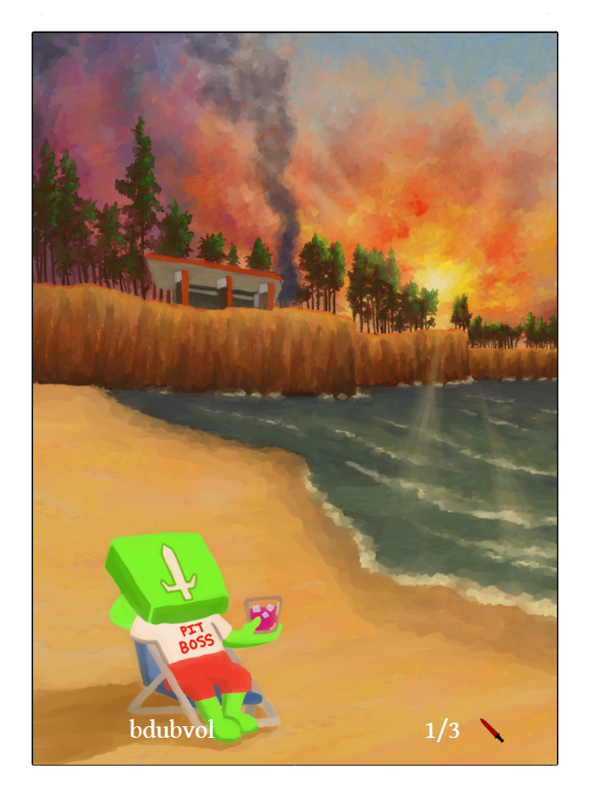 The full art version of Bret’s Shoreline shows Bret lounging on a beach sipping a drink while wearing a “Pit Boss” t-shirt.