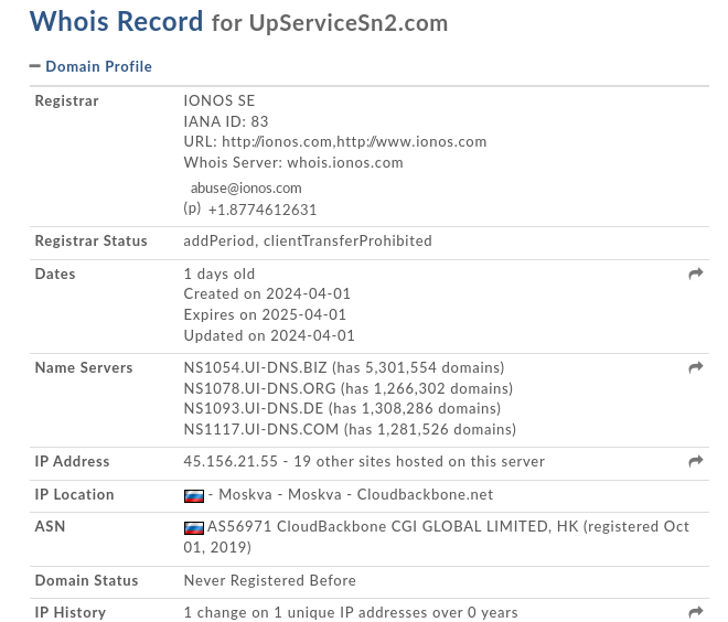 The image displays a WHOIS record for the domain UpServiceSn2.com, showing details such as registrar IONOS SE, creation date, name servers, IP address, and the domain’s registration status.