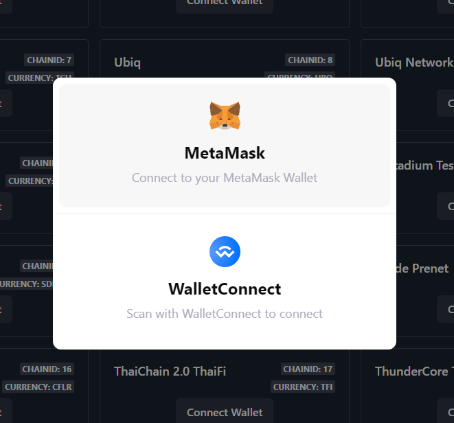 Connecting your wallet to Chainlist