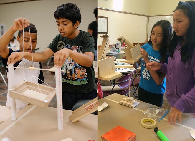 Students at the "Innovation and Invention Camps" in Bedford (left) and Solon (right) experiment with materials as they create chain reaction sculptures. 