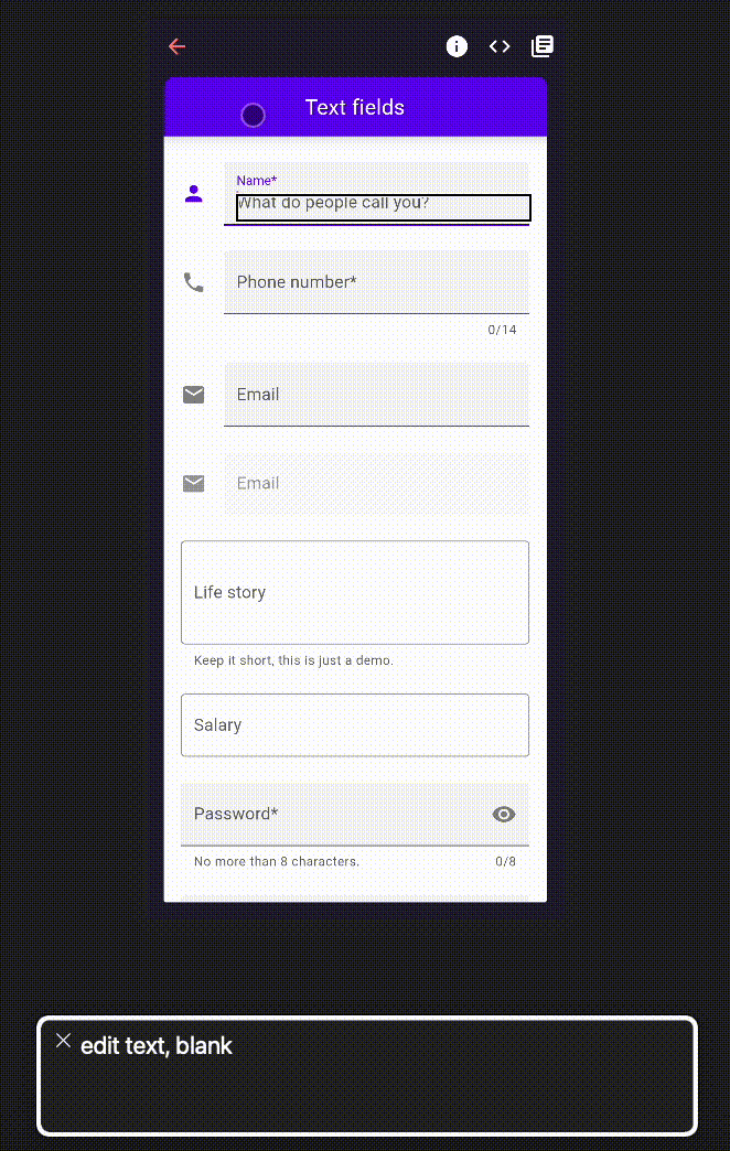 Screen reader output rendered to the screen showing the screen reader ignores the user-visible labels and announces just a blank text field without context.