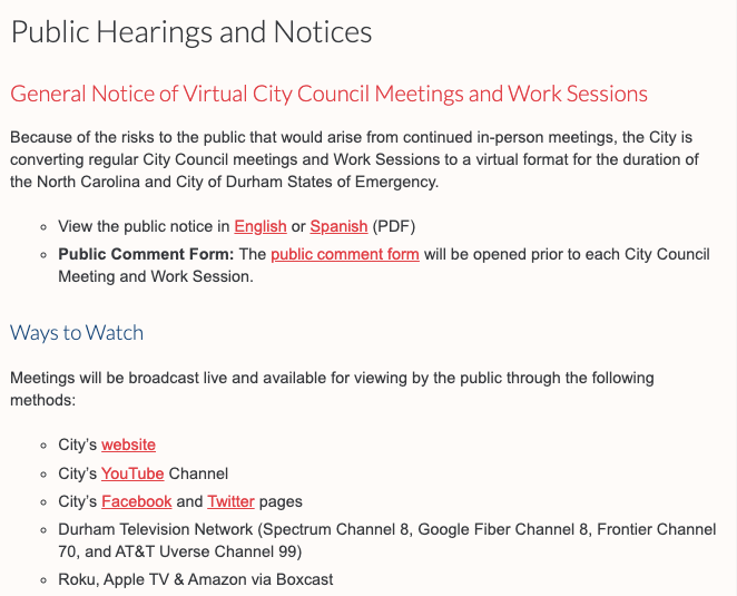 General notice of virtual city council meetings