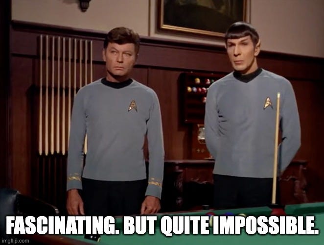 Bones and Spock at a pool table, telling Kirk that something is impossible.