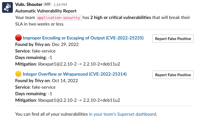 A screenshot of the bot called “Vuln. shouter” sending a notification on Slack. The sent message contains a vulnerability report, providing more information on two different vulnerabilities.