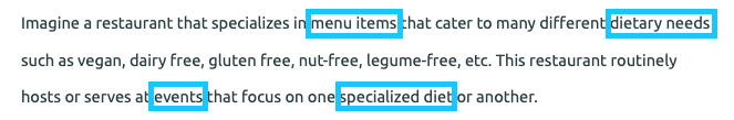 Imagine a restaurant that specializes in menu items that cater to many different dietary needs such as vegan, dairy free, gluten free, nut-free, etc. This restaurant routinely serves at events that focus on one specialized diet or another. With menu items, dietary needs, events, and specialized diet outlined in blue boxes.