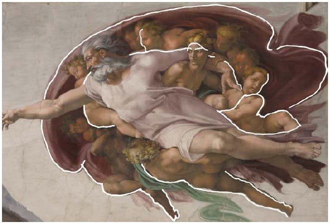 Outline of human brain superimposed on image of God and his angels.