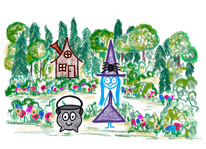 Cartoon Witchy and her cauldron, Enchantra, in front of their cottage in the forest