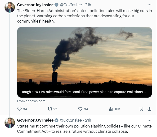 Photo of a tweet regarding a news story on new EPA rules to more tightly regulate air pollution from the power sector