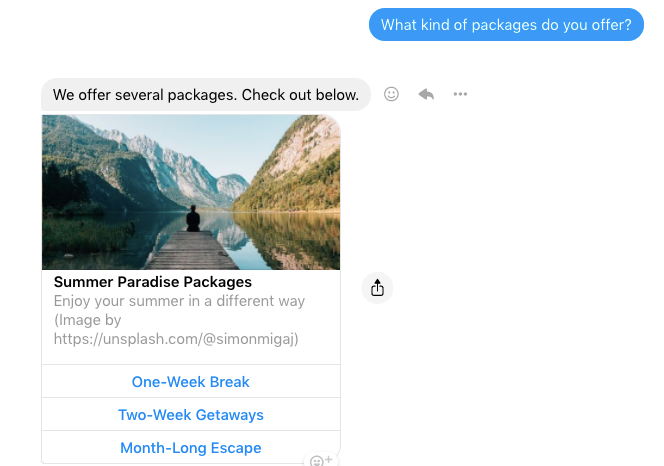 A travel chatbot answers a user's question about travel destinations on Facebook Messenger