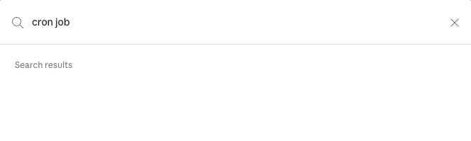 Screenshot of the Claude.ai search field active, showing a query for the words “cron job” returning zero matched conversations even though the user knows a conversation containing those words exists in their history