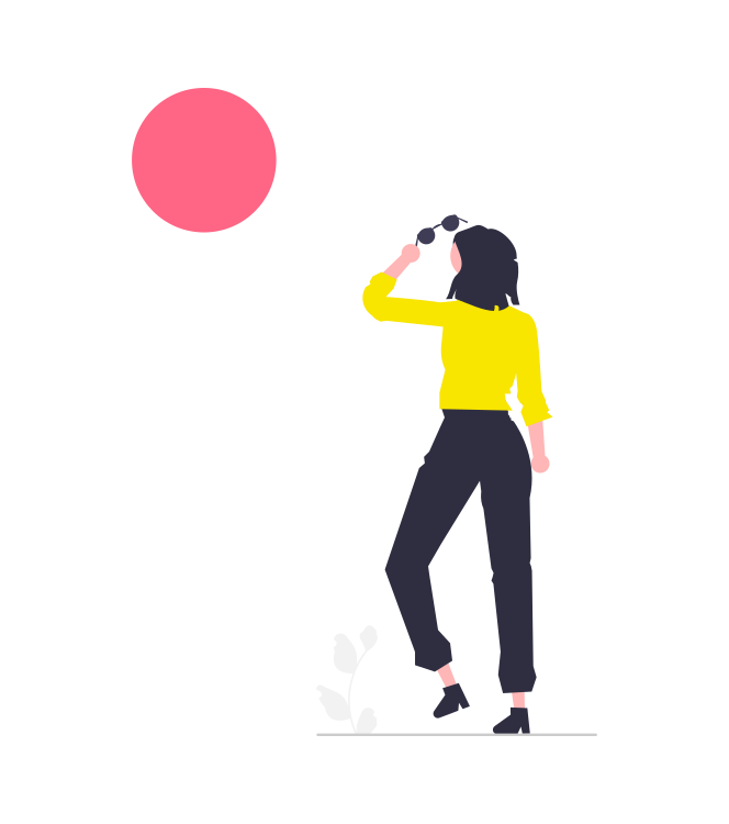 An illustration of a woman facing the sun and removing her sunglasses from her face