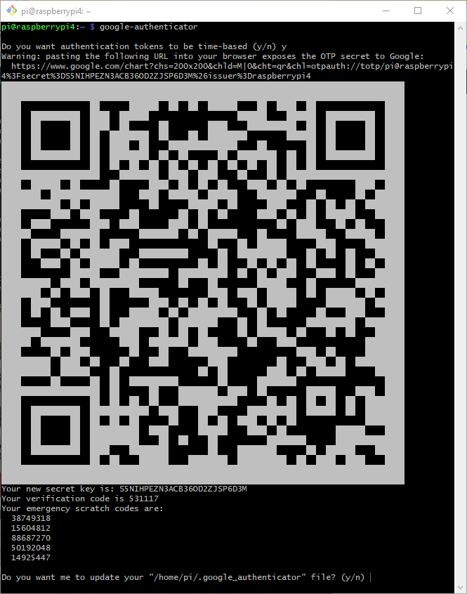 Screenshot of a terminal showing the output of the google-authenticator command