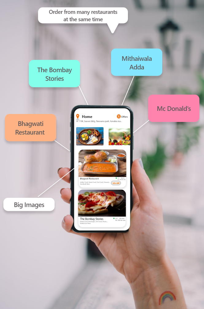 We can order different dishes from multiple restaurant at the same time. And also, this is how we can have big images to grab user’s attention. And also video can be added in the place of images.