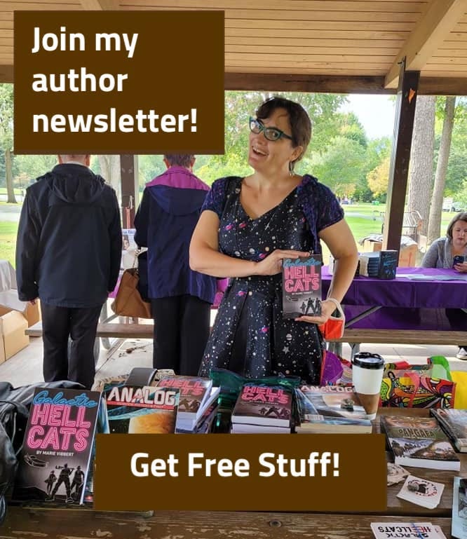 Woman holds a book in a cheesy pose with words next to her reading join my author newsletter get free stuff