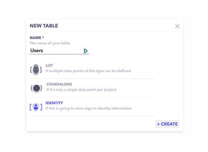 selecting identity option from new table UI setup