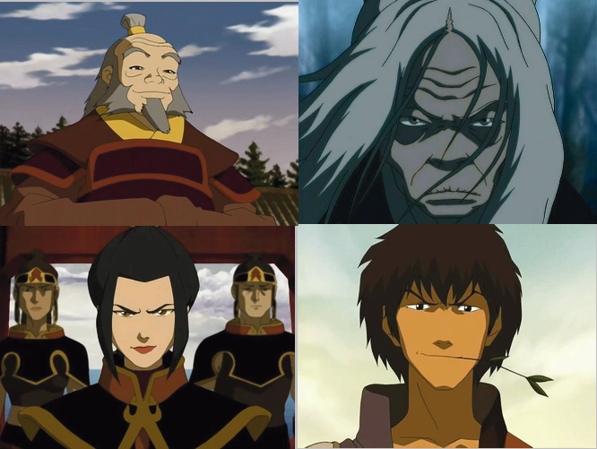 Images of characters of Avatar the Last Airbender or ATLA: General Iroh, Hama, Azula and Jet.