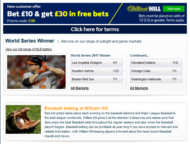 William Hill baseball odds available online