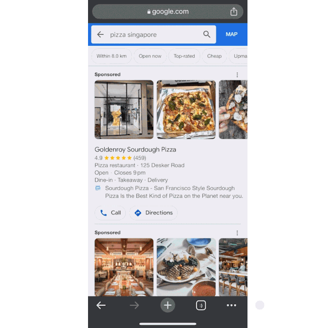 Scrolling animation of Google search feed for something as simple as “pizza near me”