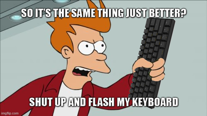 Futurama guy holding Anne Pro 2: “So it’s the same thing just better? Shut up and flash my keyboard”