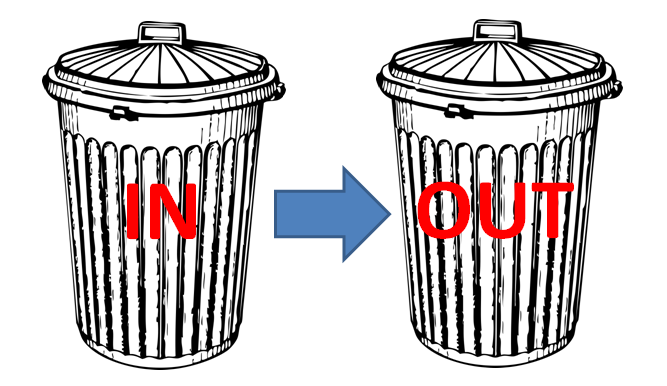 Garbage in / Garbage out illustraion of two dustbins, one marked IN and one OUT, with an arrow from the IN bin to the OUT one