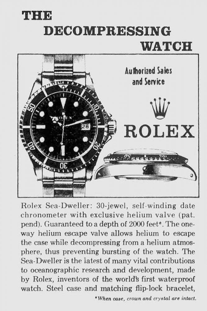Black and white printed advert of the first Rolex Sea Sweller.