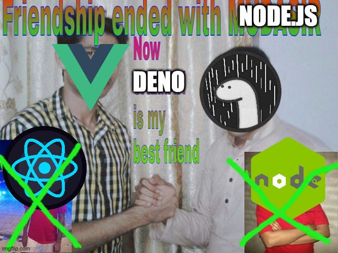 A version of the “Friendship ended with Mudasir” meme with JS logos for frameworks and runtimes