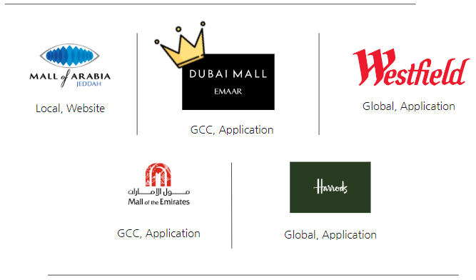 The logo of all our business competitors; Mall of Arabia, Dubai Mall, Westfield, Mall of Emirates, and Harrods. With a crown on Dubai mall to indicate that it is the best competitor out of the lot