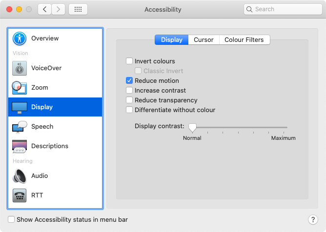 Apple system accessibility preferences screenshot with an option to reduce motion enabled