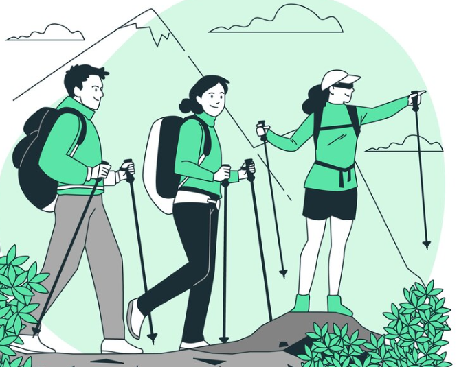 A cartoon drawing of three white people, a man and two women, wearing backpacks and using walking sticks while on a hike. A steep mountain is drawn in the background behind them. The woman on the right wears a baseball cap and sunglasses and is pointing ahead, as if she is guiding the other two hikers in the right direction. The primary colors are shades of green, black, and gray.