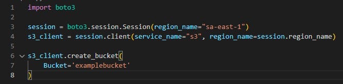 Import boto3
 
 
 Session = boto3.session.Session(region_name=”s a-east-1")
 
 S3_client = session.client(service_name=”s3", region_name=session.region_name)
 
 
 S3_client.create_bucket(Bucket=”examplebucket”)