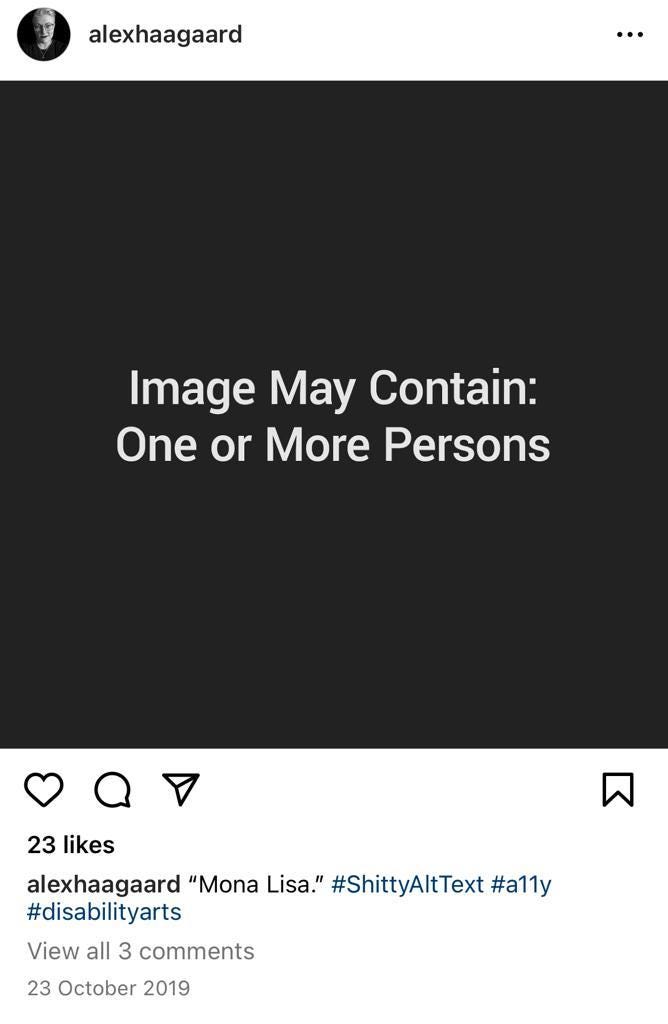 Post no Instagram de Alex Haagaard da experiência que fez sobre texto alternativo e arte: o texto alternativo automático do quadro Mona Lisa diz apenas que a imagem pode contar uma ou mais pessoas