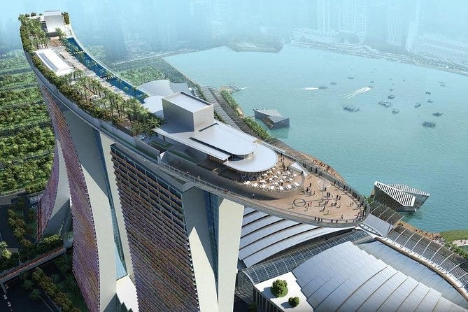 An Aerial View of the SkyPark at Marina Bay Sands. Image by:https://www.viator.com/tours/Singapore/Ocean-Views-with-Marina-Bay-Sands-Sky-Park-observation-deck-admission-ticket/d60449-226483P6.