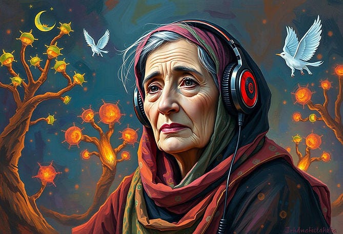 An older woman wears headphones amidst colourful trees and doves.