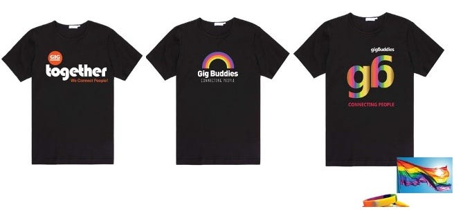 Concept t-shirts showing different Gig Buddies logos.