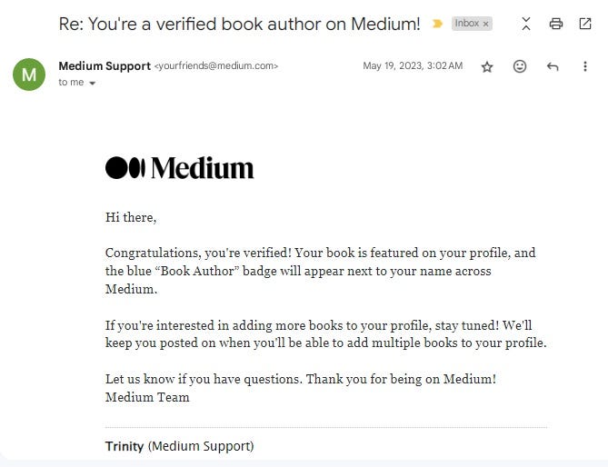 Email from Medium confirming me as a Verified Book Author