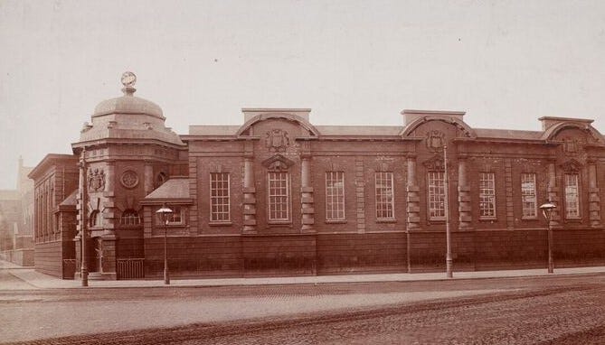 Sepia photograph of the front elevation of the School of Technology Dyehouse