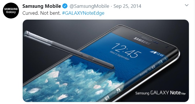Samsung vs. Apple ad campaign Galaxy Note Edge phone via Twitter — Brand rivalry, marketing competition, advertising war.