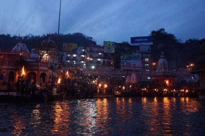 Evening puja along the banks of the River Ganga near Rishikesh in northern India 