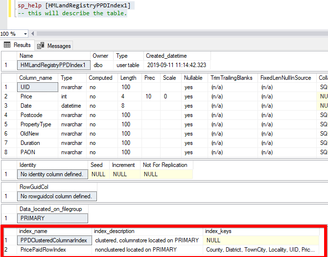 Table Information showing Indexes