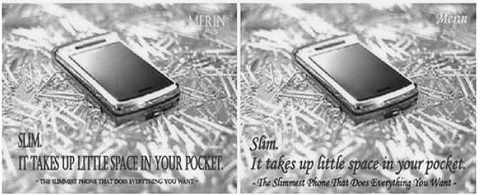 Phone ad that reads: “Slim. Takes up little space in your pocket. The slimmest phone that does everything you want.” Two different variants of the ad are shown here; one typed in Castellar and the other in Monotype Corsiva.