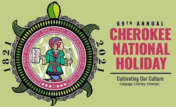 Logo for this year’s Cherokee National Holiday, featuring a drawing of Sequoyah in the center.