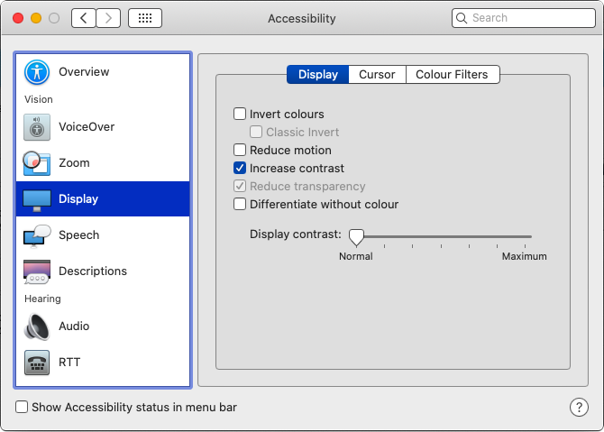 Apple system accessibility preferences with “increase contrast” option enabled