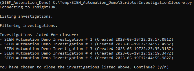 Screenshot of command line window showing the output of the Investigation Closure tool.